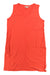 The Toad & Co Womens Grom Tank Dress in coral, featuring a sleeveless V-neck and small chest pocket, is shown laid flat on a white background. Made of organic cotton, the dress has a soft, casual feel with subtle wrinkles for a relaxed look.