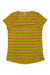 The Toad & Co Women's Marley II SS Tee is a short-sleeved v-neck made from organic cotton, featuring yellow-green fabric with red and pink horizontal stripes.