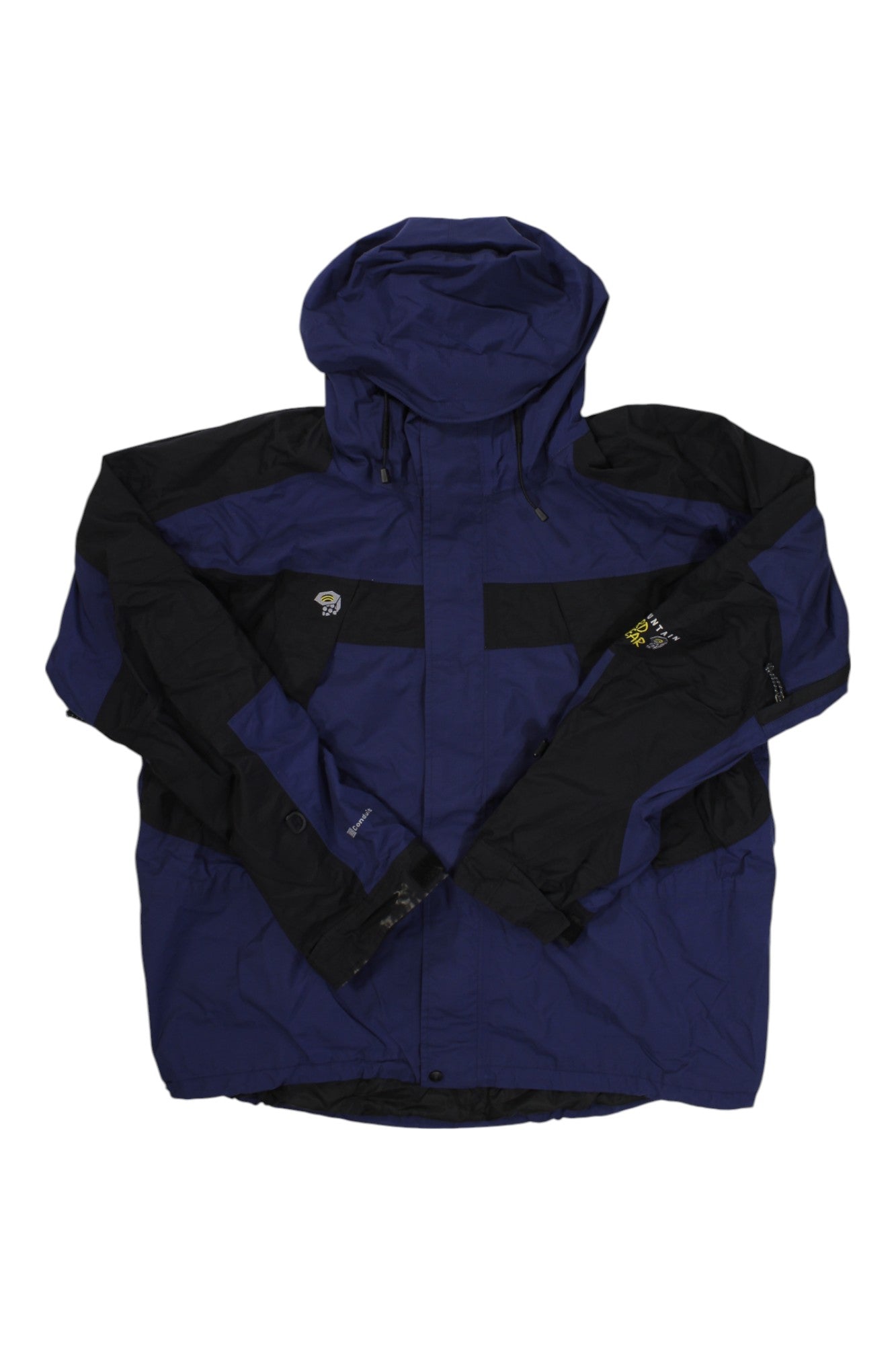 The Mountain Hardwear Mens Exposure II Parka, a blue and black waterproof shell jacket with long sleeves, front zipper, and multiple pockets, is displayed flat on a white background.