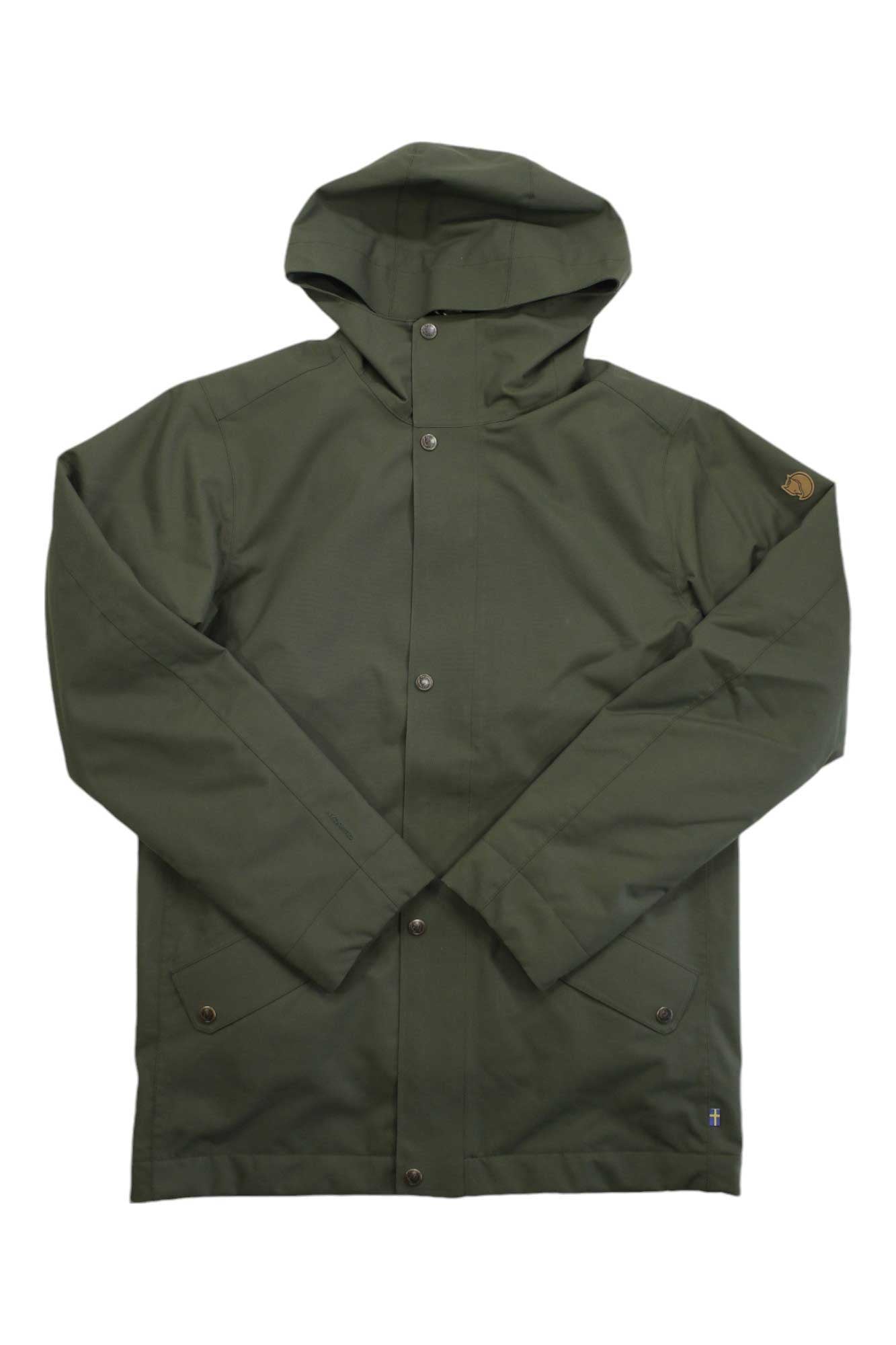 The Fjallraven Men's Visby 3 in 1 Jacket is a green, hooded waterproof coat with front snap buttons, long sleeves, two front pockets, and a small logo patch on the left upper sleeve. Made from recycled polyester and displayed flat on a white background.