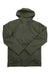 The Fjallraven Men's Visby 3 in 1 Jacket is a green, hooded waterproof coat with front snap buttons, long sleeves, two front pockets, and a small logo patch on the left upper sleeve. Made from recycled polyester and displayed flat on a white background.
