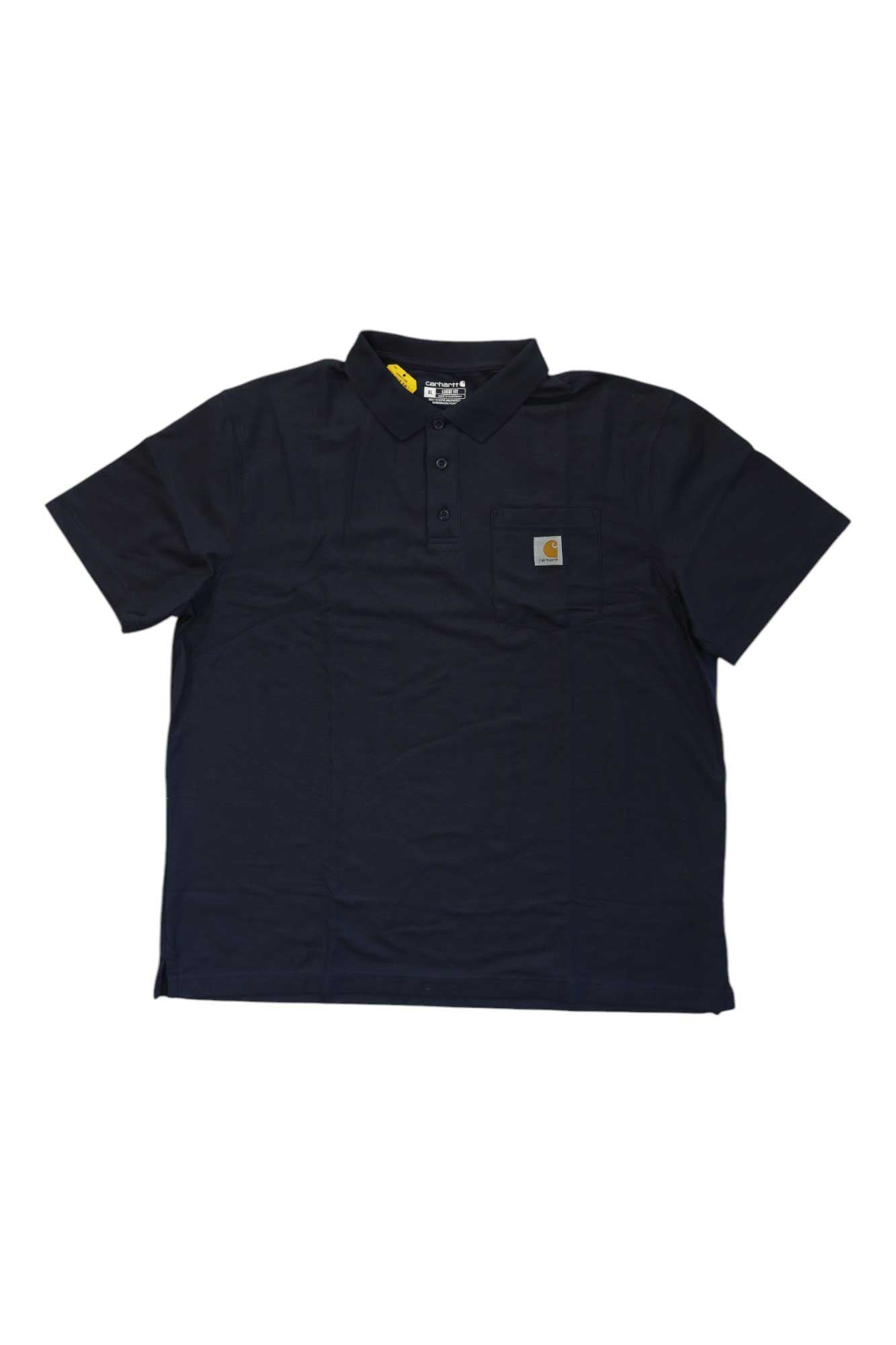 A black Carhartt Mens Contractors Work Pocket Polo T-Shirt with short sleeves, a collar, buttons, and a small square logo patch on the left chest is laid flat on a white background.