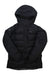 Women's hooded down parka with full-length front zipper, dark fabric and logo patches