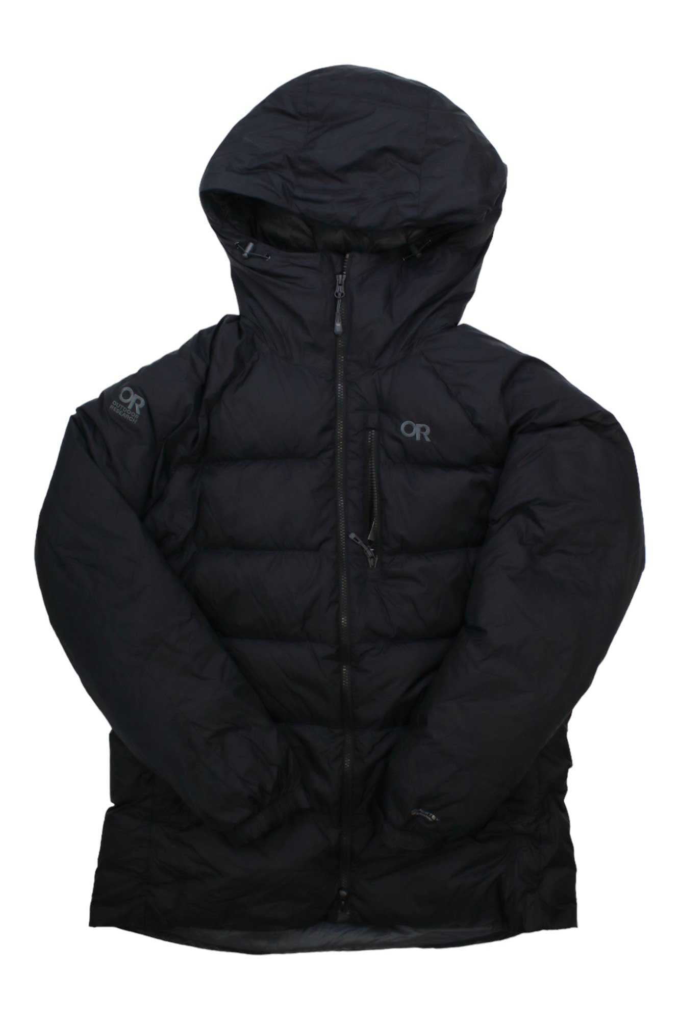 Women's hooded puffer parka, front zipper closure, quilted dark down with sleeve logos