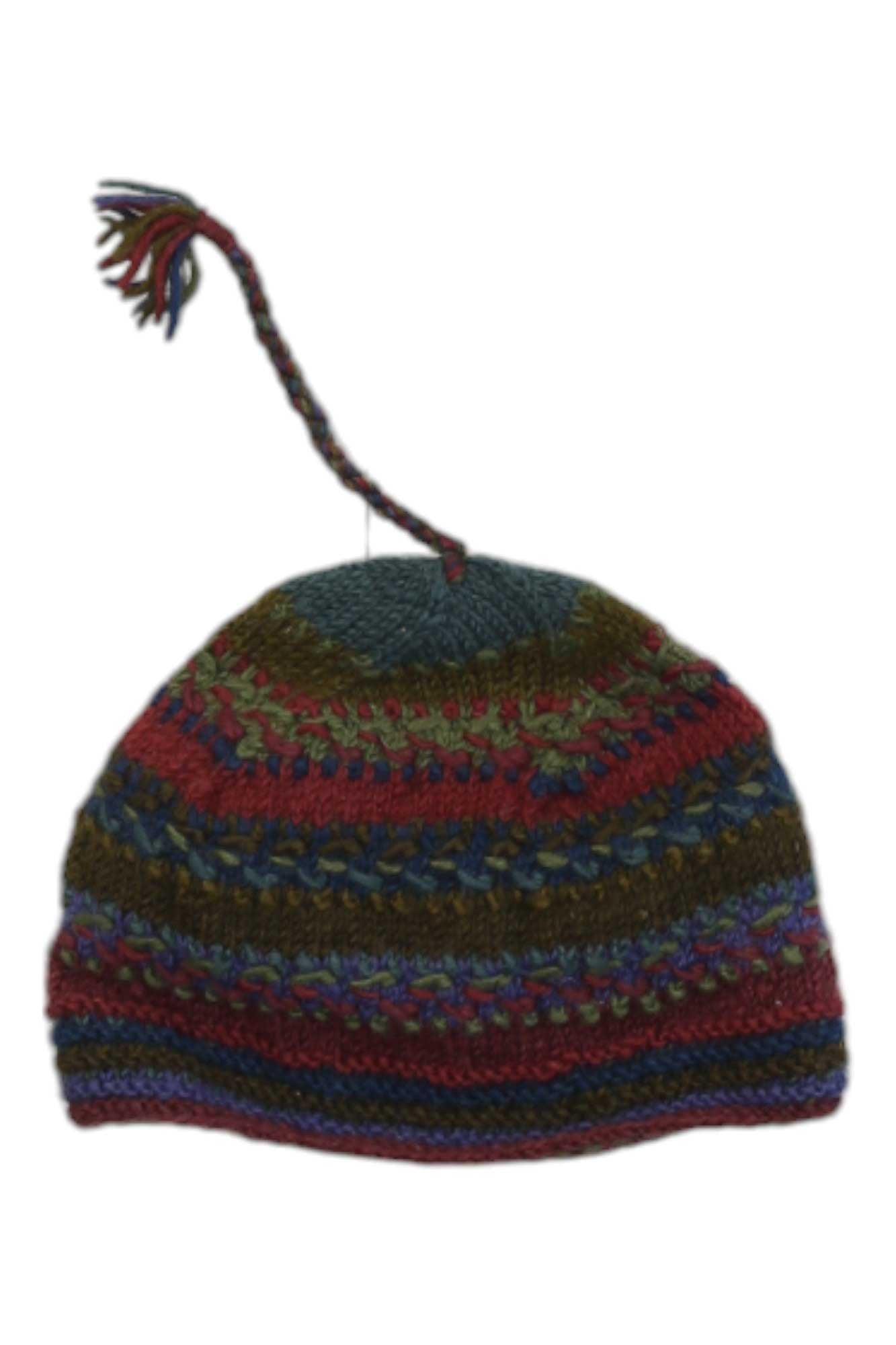 Women’s Navika knit beanie with ribbed cuff, tassel top, and multicolor stripes