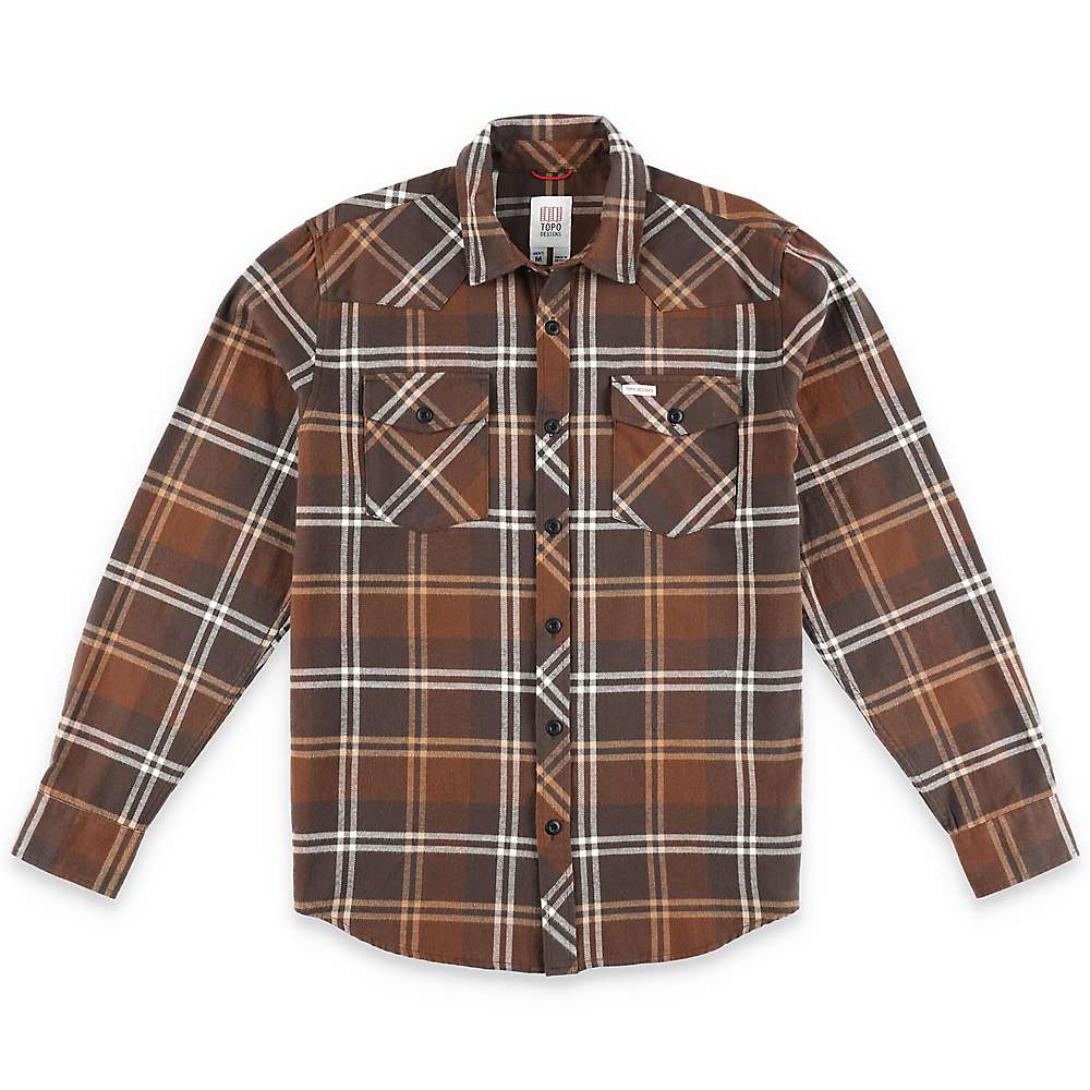 Mens plaid mountain shirt in brown, white and tan checks; button front; chest pockets