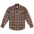 Mens plaid mountain shirt in brown, white and tan checks; button front; chest pockets