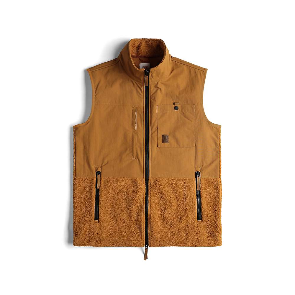 The Topo Designs Men's Subalpine Fleece Vest - Khaki features a front zipper, two zippered side pockets, a snap-button chest pocket, and textured lower-half fleece made with recycled materials for warmth and sustainability.