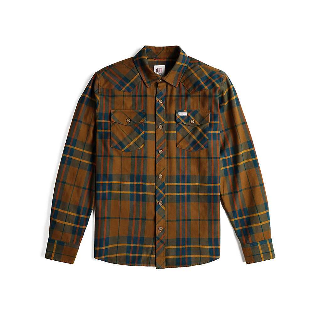 Mens plaid mountain shirt in dark brown, blue and tan checks; button front; chest pockets