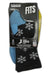 A package of FITS Mens Medium Hiker Crew Aspen Socks, mostly black with white snowflake patterns and blue heels and toes. Features are highlighted on the packaging, along with a USA-made label. Size: medium.