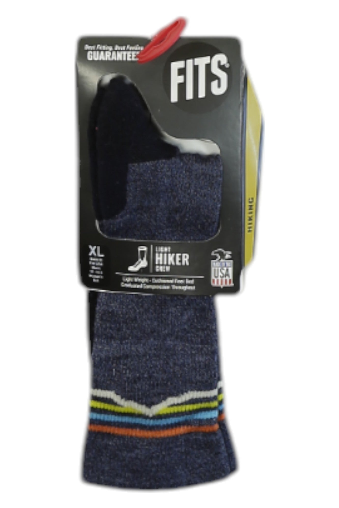 A pair of blue Fits Light Hiker Mountainscape Crew Socks with colored stripes comes in a black and yellow box. The XL, USA-made socks offer cushioned, moisture-wicking comfort for every outdoor adventure.