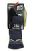 A pair of blue Fits Light Hiker Mountainscape Crew Socks with colored stripes comes in a black and yellow box. The XL, USA-made socks offer cushioned, moisture-wicking comfort for every outdoor adventure.