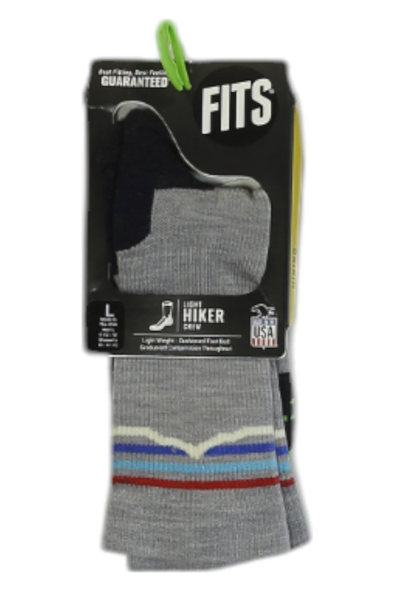 A package of Fits Light Hiker Mountainscape Crew Socks, large, gray with blue, red, and white stripes. The moisture-wicking crew socks come in packaging with the logo, product info, and a green hanger.