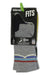A package of Fits Light Hiker Mountainscape Crew Socks, large, gray with blue, red, and white stripes. The moisture-wicking crew socks come in packaging with the logo, product info, and a green hanger.