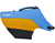 Pet lifejacket with blue top, orange stripe, black bottom, and adjustable straps
