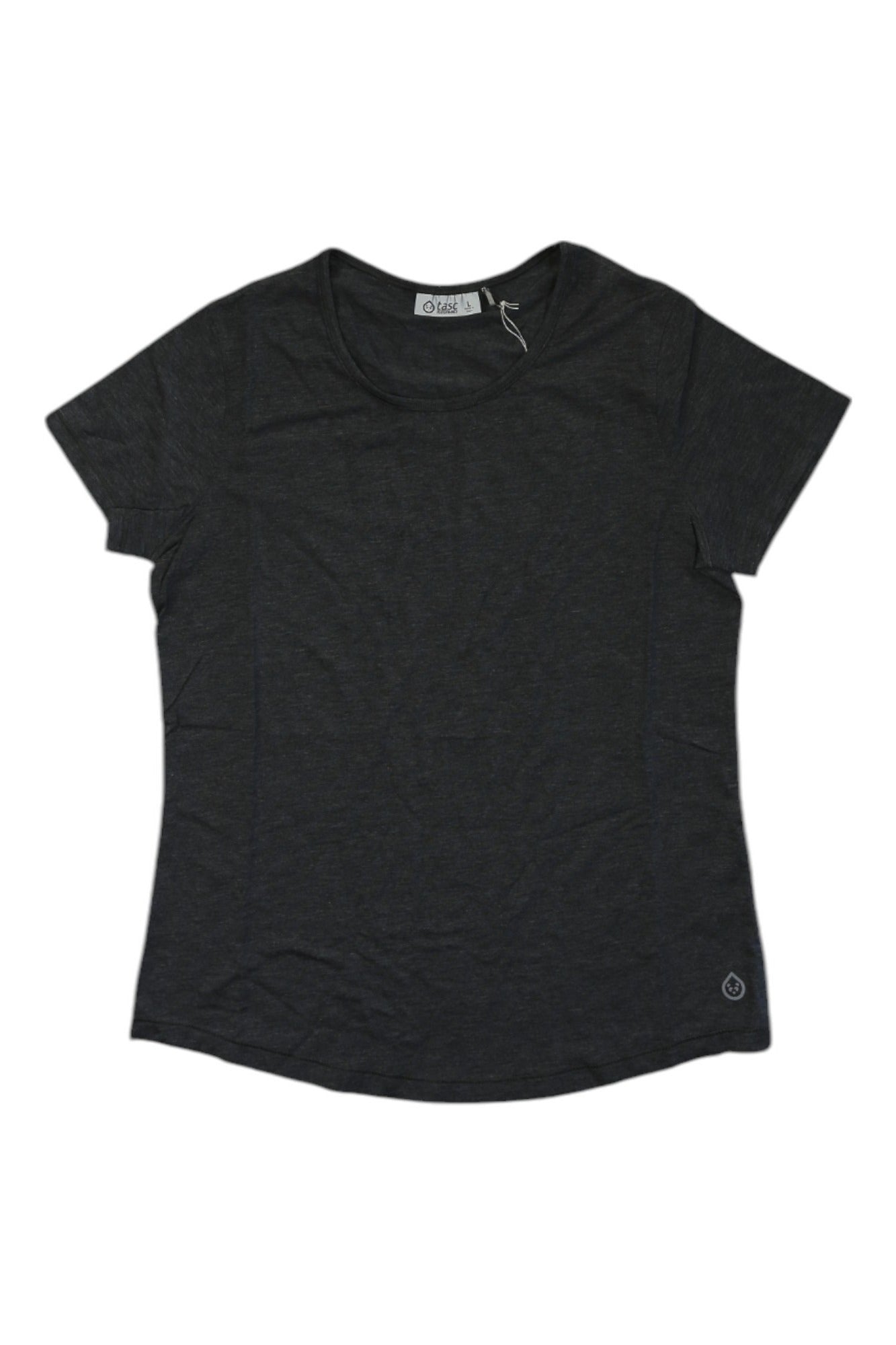 The Tasc Womens MicroAir Fitted SS Tee is a black, short-sleeved athletic-fit tee with a round neckline, shown laid flat on a white background.