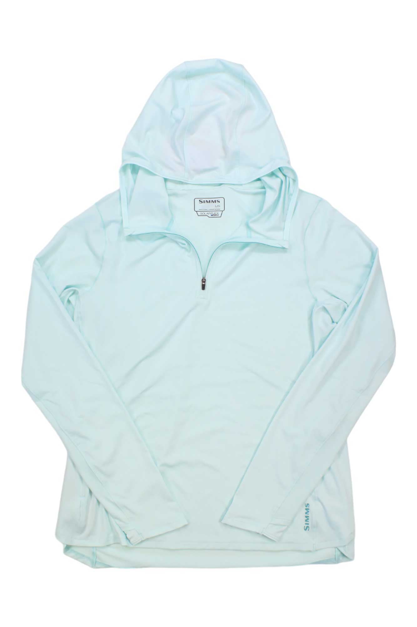 Light blue Simms Women's Solarflex 1/4 Zip Hoody with long sleeves, relaxed fit, and sun-protective knit fabric, shown flat on a white background. Features a partial front zipper and Simms label inside the collar.