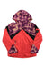 The Girls Tabor Jacket is a waterproof winter coat for kids, featuring a red body and sleeves, purple and yellow tie-dye on the hood and shoulders, black diagonal stripes, zippered front pockets—perfect for skiing.