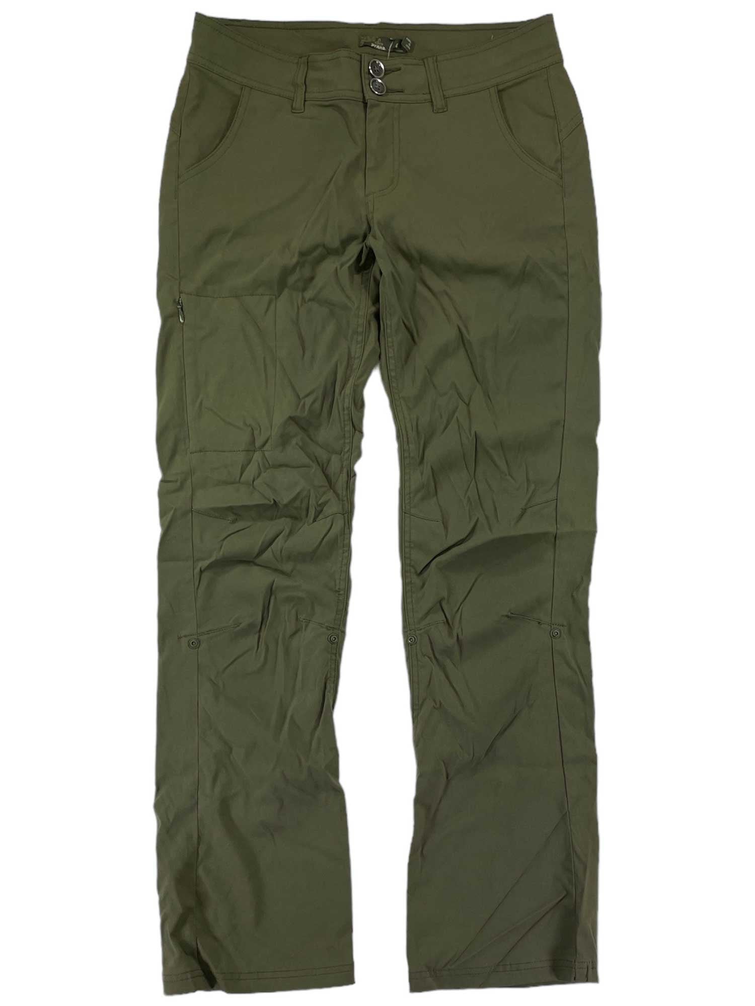 The Halle Pant II is an olive green, straight-leg pant made from durable performance fabric with a button and zipper closure, front pockets, and slight wrinkling on the fabric.