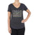 A person wears the Moosejaw Women's Blueberry Muffin V-Neck SS Tee in dark gray, with colorful striped mountains, a sun, and "HELLO MOOSEJAW" on the front. Their right hand rests on their hip.