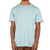 A person wears the Moosejaw Men's Mineral Water SS Tee, a light blue organic cotton shirt with "Moosejaw EST. 1992" in small white and yellow text on the left chest, paired with brown pants against a plain white background.