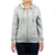 A blonde woman stands facing forward with hands by her sides, wearing dark blue jeans and the Moosejaw Unisex Groovy Critter Zip Hoody, a light gray hoodie made from recycled polyester with a small colorful logo on the left chest.