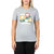 A woman stands against a white background wearing the Moosejaw Womens Sunflower Seeds SS Tee, made from recycled polyester and organic cotton, featuring colorful flowers and "Love the Madness" text on the front.