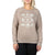 Women’s taupe crew neck sweatshirt with long raglan sleeves and chest graphic