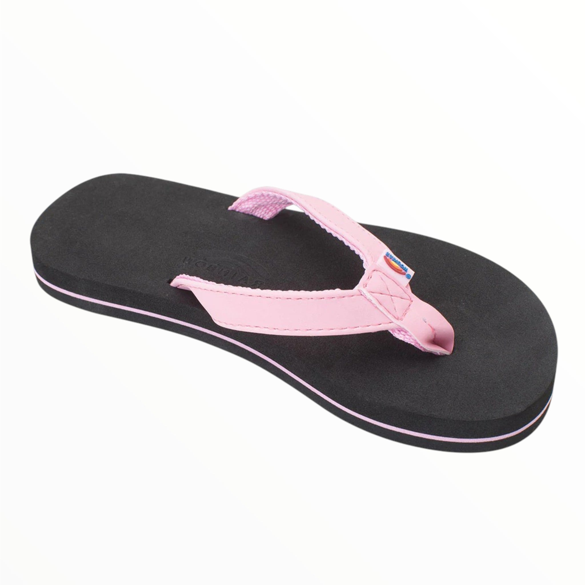 A single Rainbow Kids Grombows Sandal in black with pink neoprene straps is displayed on a white background.