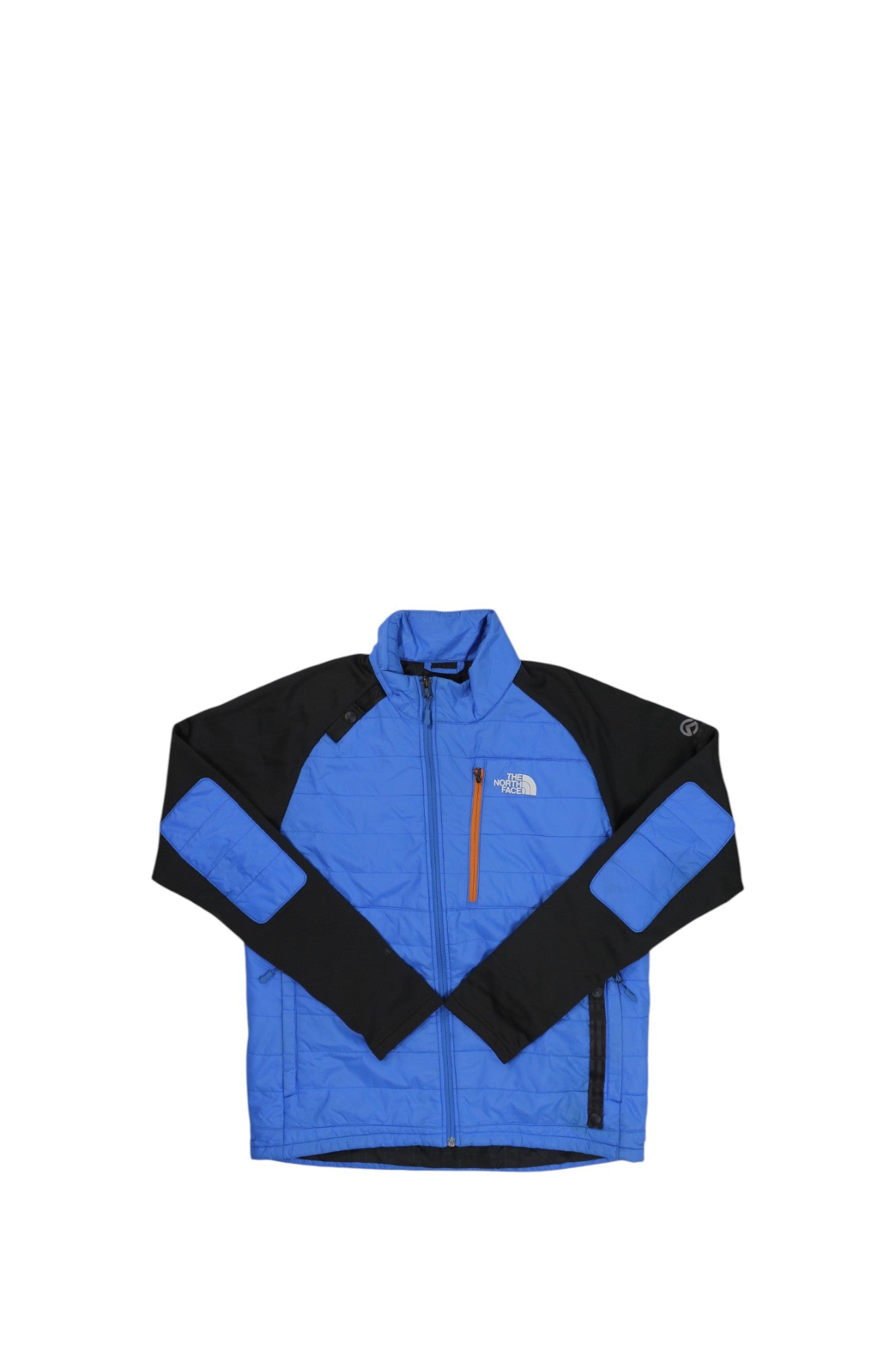 The North Face Mens Summit Series Jakson Jacket in blue and black features a front zipper, orange-trimmed chest pocket, and North Face logos on the left chest and right shoulder. Displayed flat on a white background, this premium jacket is waterproof and technical.