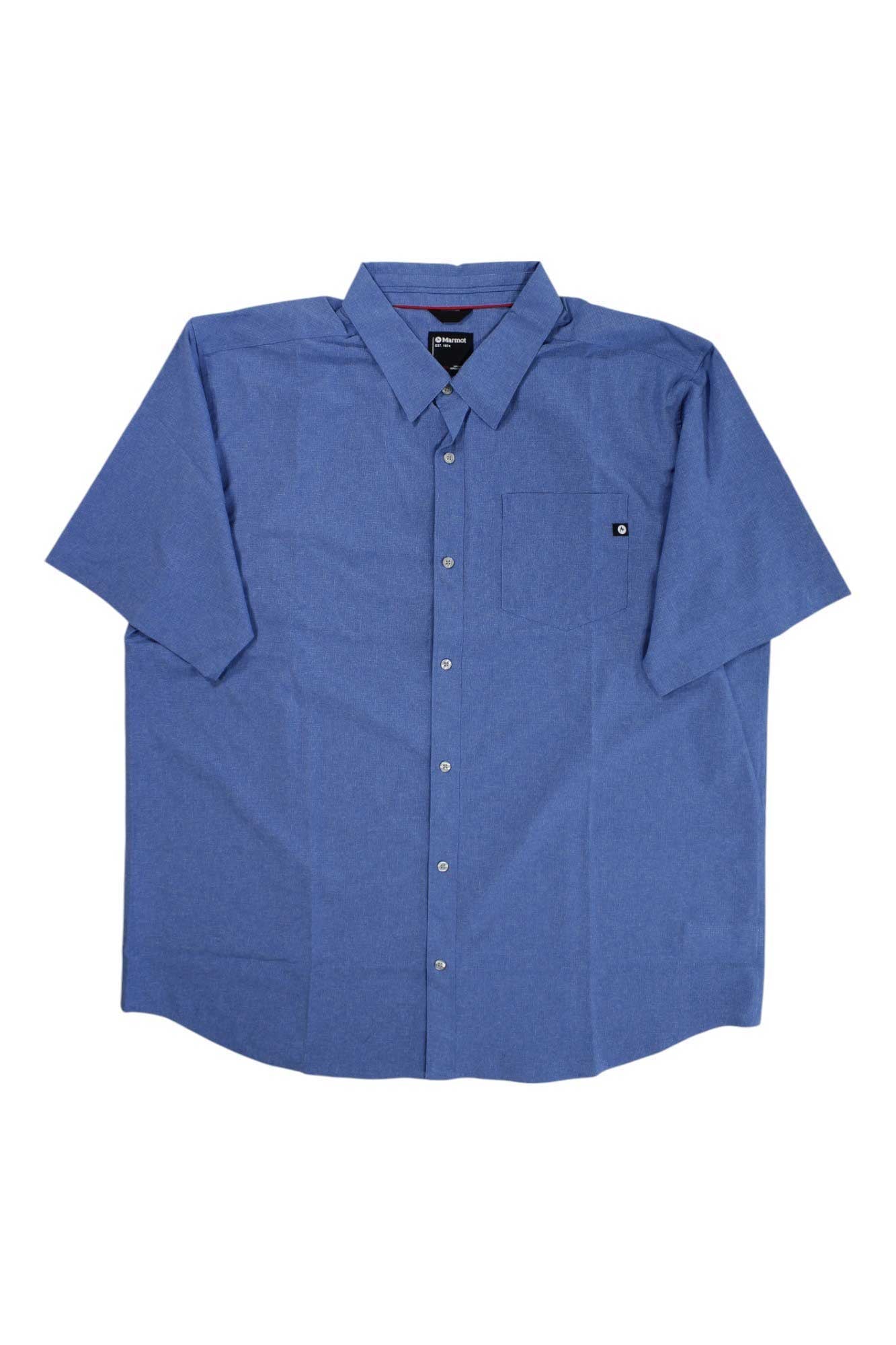 Men's short-sleeve button-down shirt, blue, chest pocket, button placket, fold-over collar