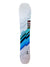 The Lib Tech Womens Ryme Snowboard features a white background with diagonal blue, black, and gray stripes, a Lite logo and product info label near the center. Designed for freestyle snowboarding, it offers excellent edge hold.