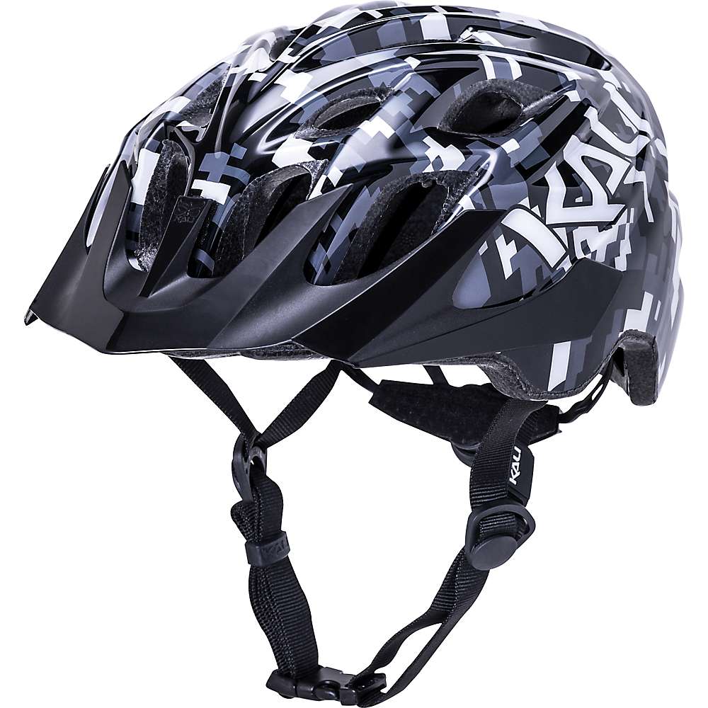 The Kali Protectives Youth Chakra Helmet is a black and gray bike helmet for youth with a digital camo design, multiple air vents, and an adjustable chin strap for comfort and protection.
