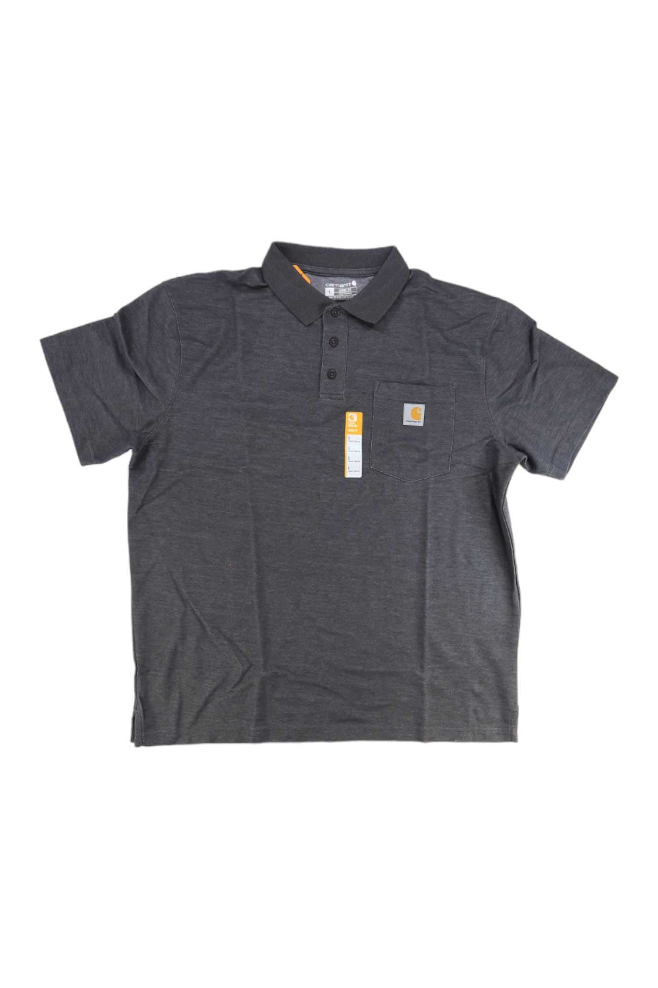 A dark gray Carhartt Men's Contractors Work Pocket Polo T-Shirt with short sleeves, collar, chest pocket with brand tag, and front buttons. Designed for durability and style, it includes a visible hanging tag near the buttons.