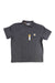 A dark gray Carhartt Men's Contractors Work Pocket Polo T-Shirt with short sleeves, collar, chest pocket with brand tag, and front buttons. Designed for durability and style, it includes a visible hanging tag near the buttons.