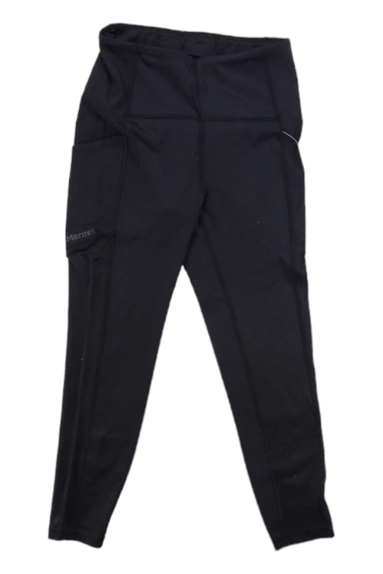 Women's 7/8 tight, dark fitted leggings with elastic waistband, panel seams, side logo patch