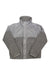 The Under Armour Womens Mission Boucle Swacket is a light gray zip-up jacket with a high collar, featuring smooth fabric on the top half and fuzzy boucle material on the sleeves and lower half.