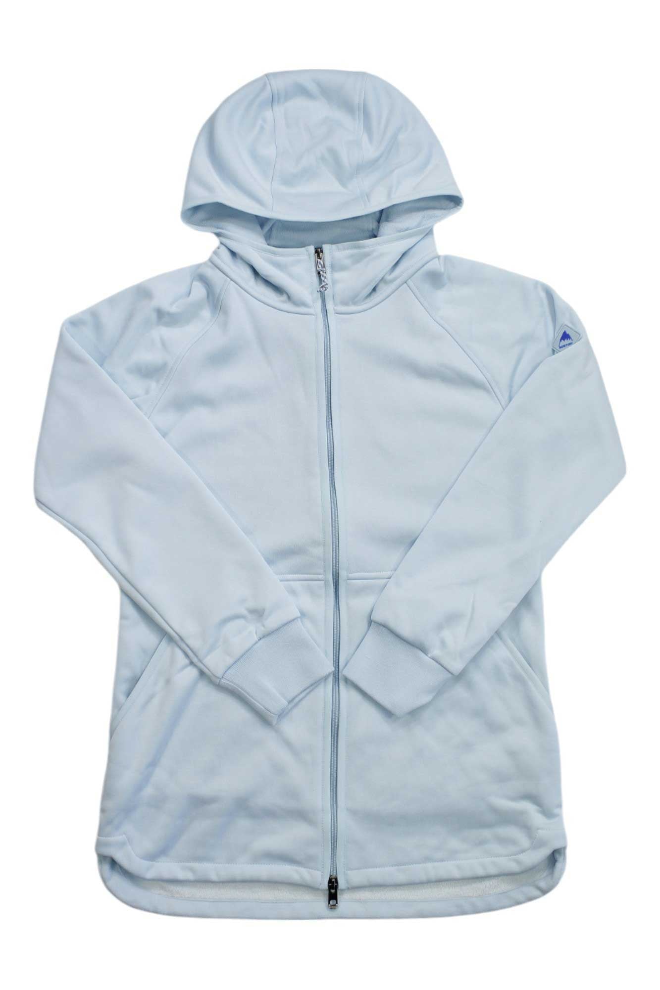 The Burton Womens Minxy Full Zip Fleece Jacket in light blue features long sleeves and a hood, shown laid flat on a white background.
