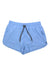The Glyder Womens Unstoppable 4 Inch Short in light blue features 4-way stretch, an elastic waistband, black and white drawstring, and two side pockets, shown laid flat on a white background.