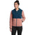 A woman with dark hair in a bun wears the Womens Mountain Sweatshirt Hoodie 3.0, featuring a teal blue hood, upper front, and shoulders with dusty pink sleeves and lower half. She pairs it with black pants and glances slightly to the side.