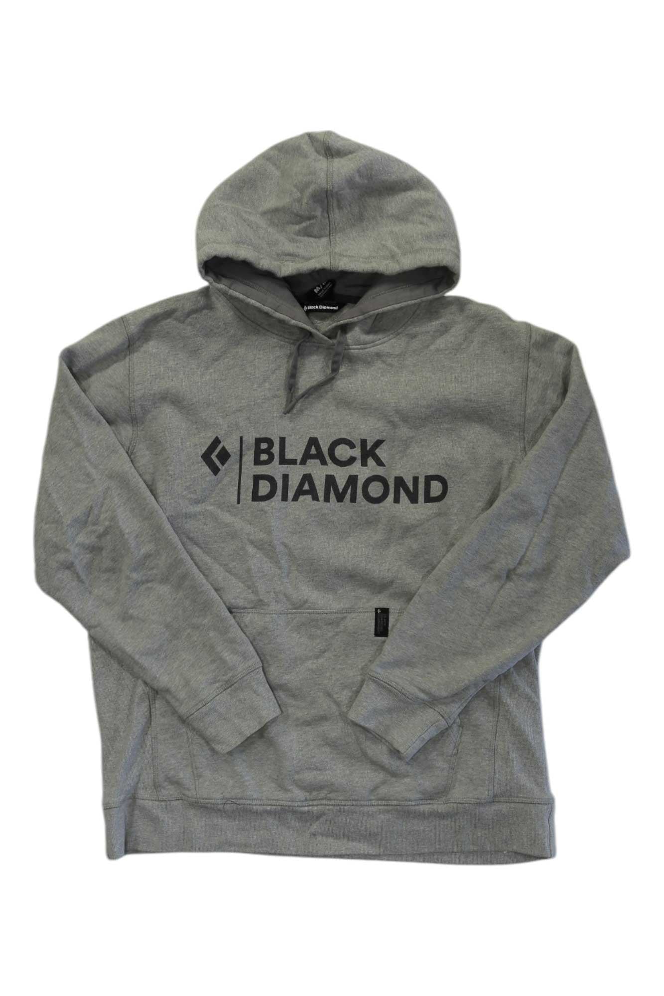 The Black Diamond Men's Stacked Logo Hoody, shown laid flat on a white background, is gray, made from soft organic cotton, and features a diamond-shaped logo with bold BLACK DIAMOND print on the front.