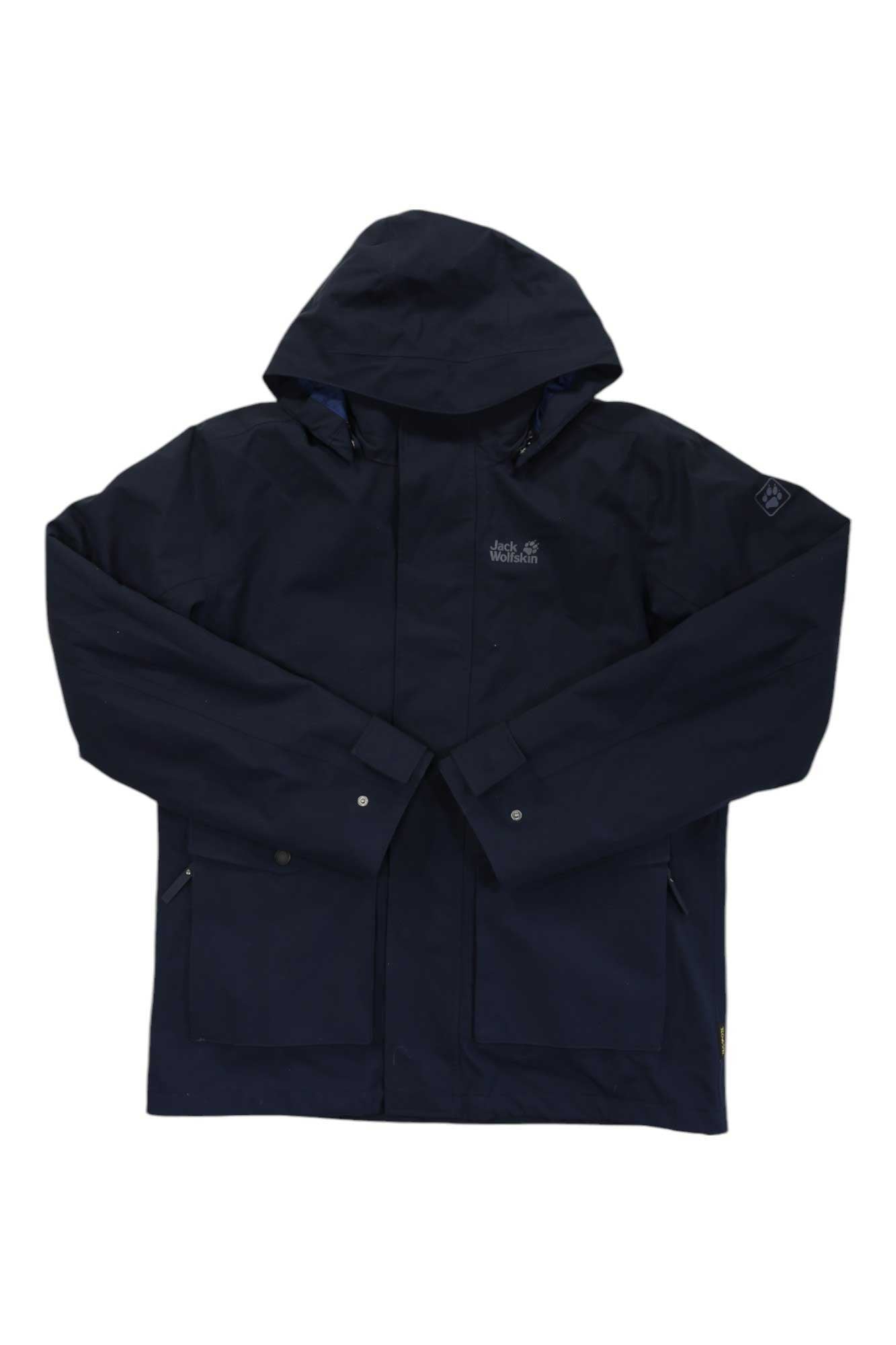 The Falster Harbour Jacket 3-in-1 is a dark navy coat with a hood, long sleeves, front button closures, two large front pockets, and the Jack Wolfskin logo on the chest.