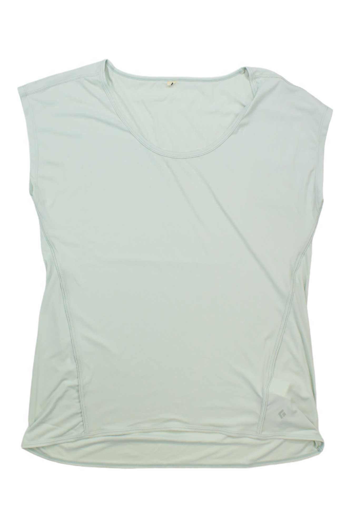 The Black Diamond Womens Mobility Tee is a light gray, sleeveless athletic top with a scoop neckline, made from smooth, stretchy, moisture-wicking fabric—ideal for climbing or active days. A small logo accents the bottom hem. Laid flat on a white background.