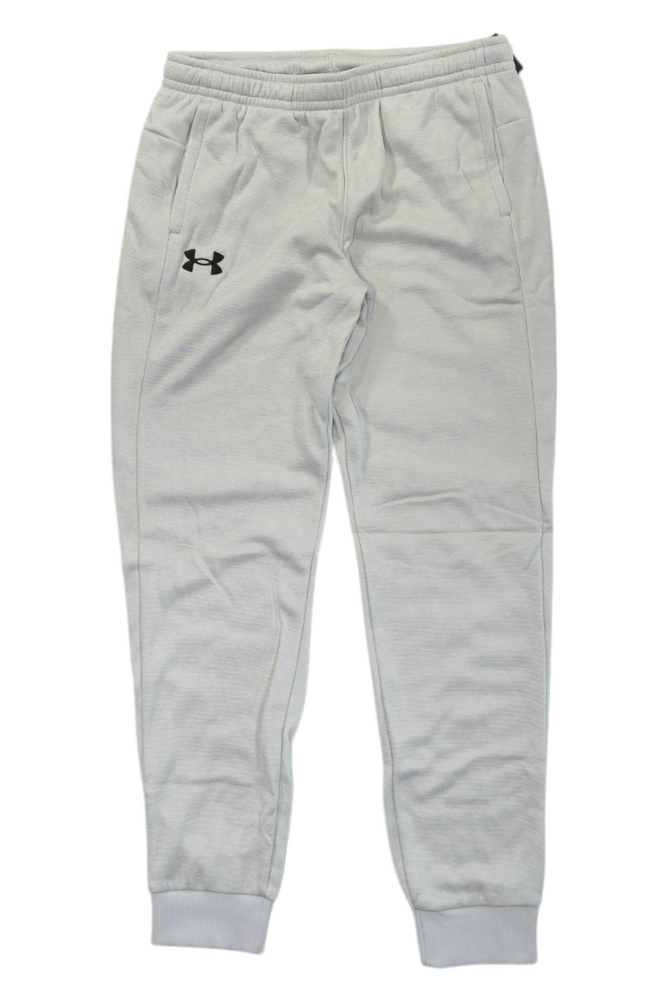 Boys' fleece jogger pants, light gray with elastic drawstring waist and logo on leg