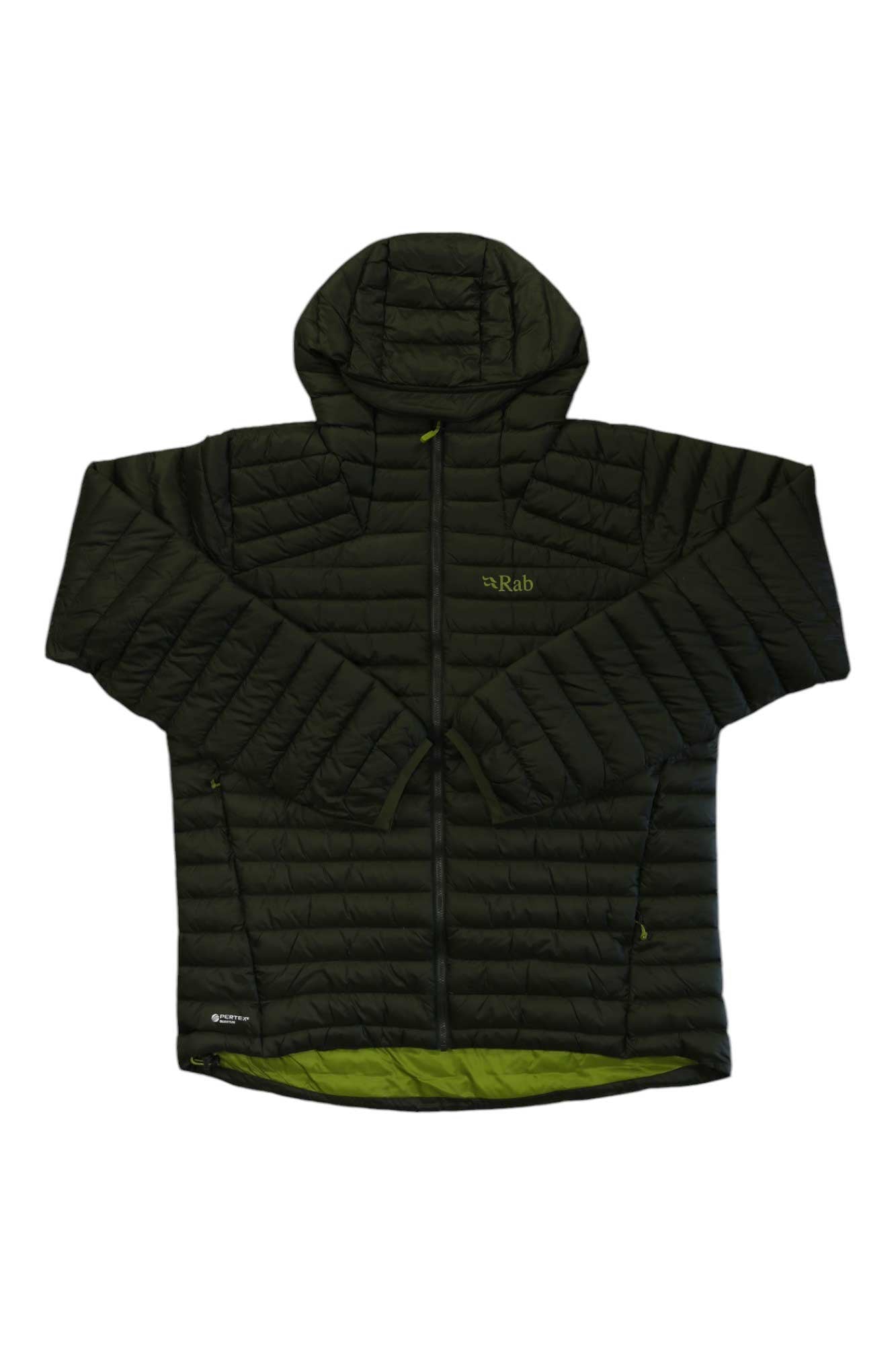 The Rab Mens Cirrus Alpine Jacket is a black, hooded, quilted jacket with synthetic insulation, horizontal stitching, front zipper, Rab chest logo, bright green lining, and two zippered pockets—perfect for mountaineering.