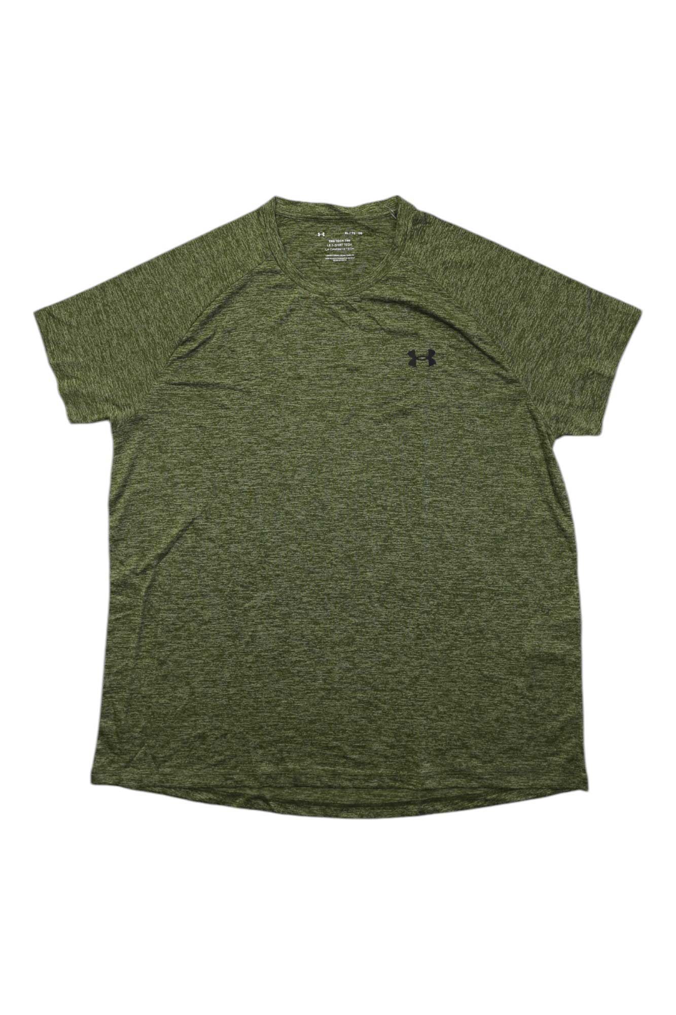 The Under Armour Mens UA Tech 2.0 SS Tee in olive green features a subtle heather pattern, moisture-wicking fabric, and a small black logo on the left chest, shown laid flat on a white background.