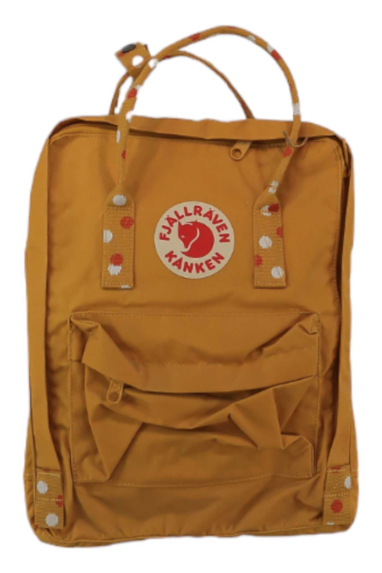 The mustard yellow water-resistant Kanken Pack features polka-dot straps, a front zip pocket, dual handles, and the classic Arctic fox logo—ideal for outdoor adventures.