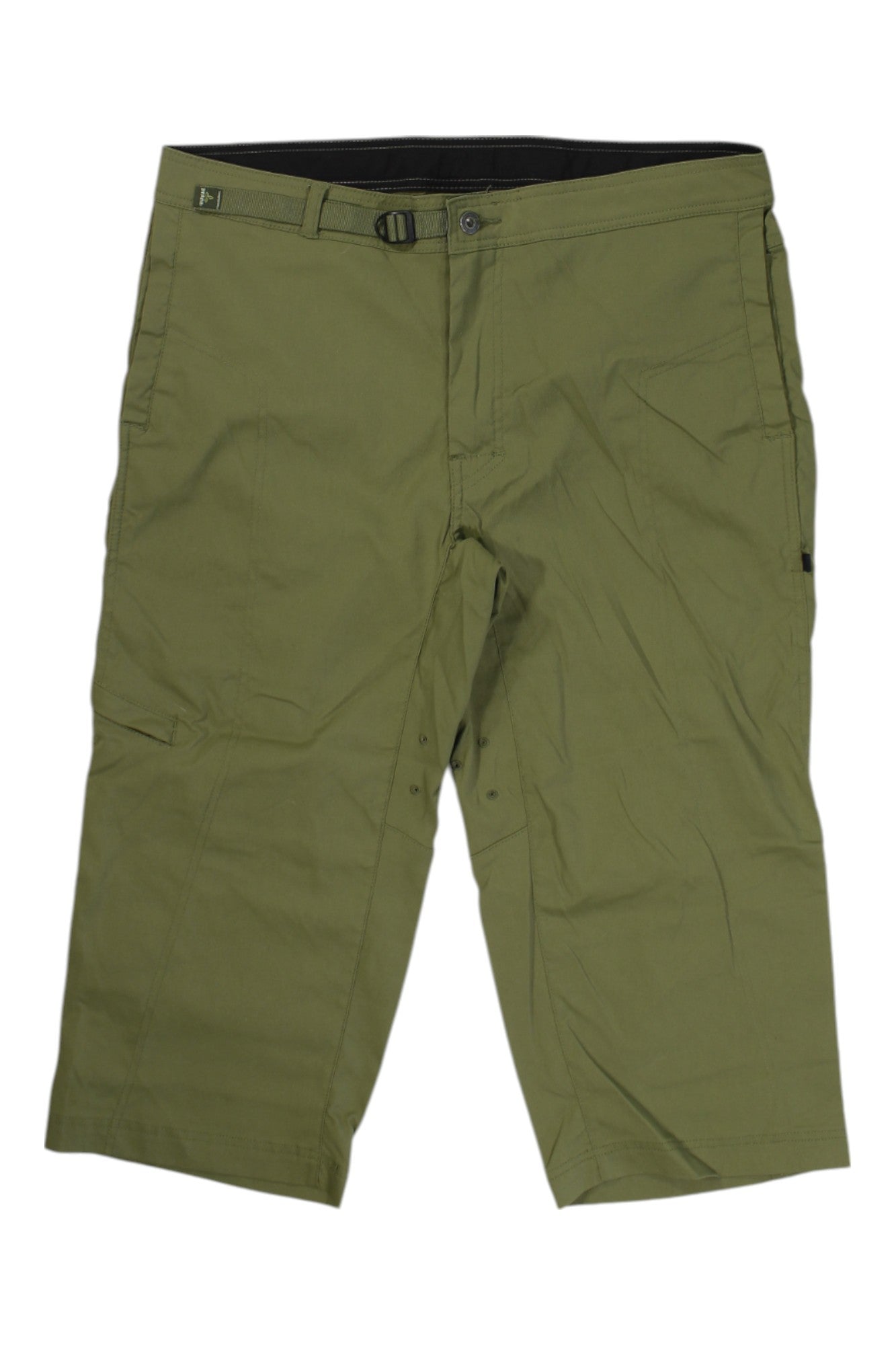 The Prana Womens Wide Leg Capri Pant is olive green, knee-length, made from durable fabric with a button and zipper closure, built-in adjustable belt, and side pockets—ideal for outdoor casual wear. Shown laid flat on a white background.