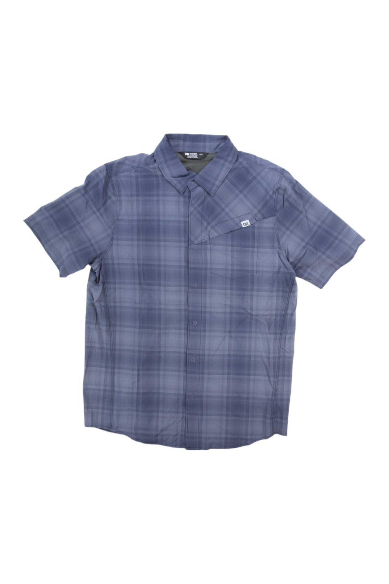 Men's blue plaid short-sleeve button-up mountain shirt with chest logo