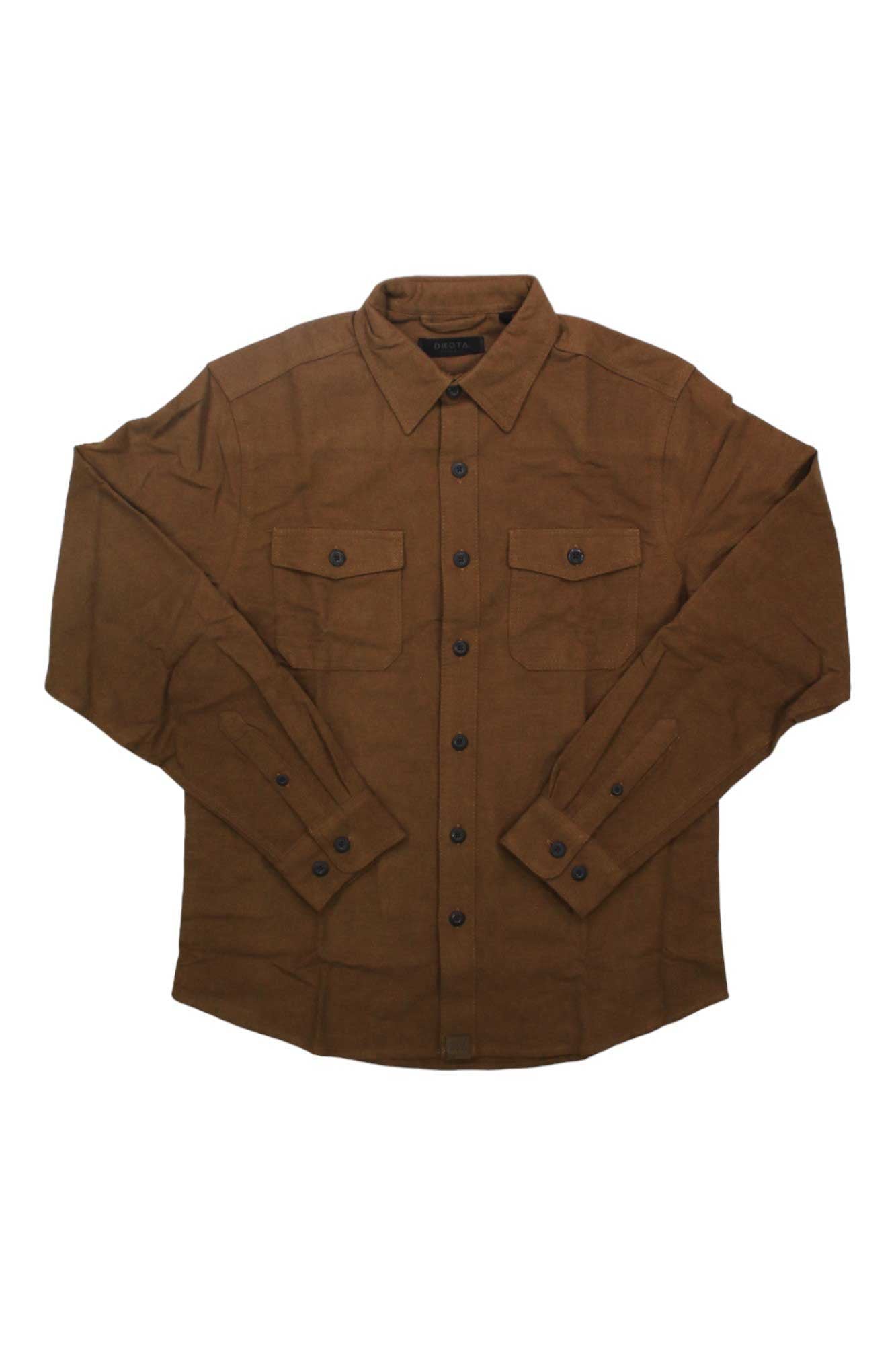 The Dakota Grizzly Mens Major Shirt, shown flat on a white background, is a brown chamois style featuring long sleeves, a classic collar, and two chest pockets with buttoned flaps—combining rugged style with comfort.